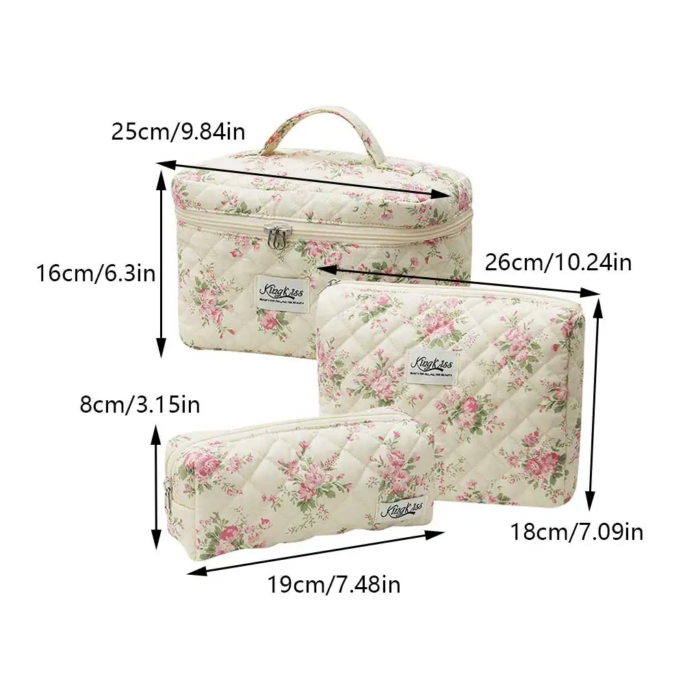 3 قطعة حقيبة مستحضرات التجميل الأزهار المطبوعة المرأة مبطن حقيبة مستحضرات التجميل سعة كبيرة سستة إغلاق الفتيات القطن حقيبة التخزين مجموعة