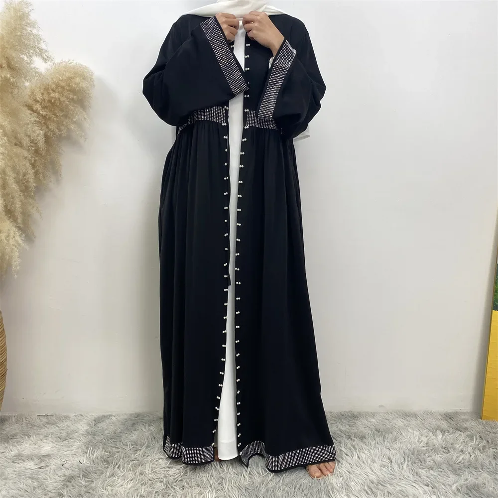 Abaya-Cardigan kimono ouvert avec perles pour femmes musulmanes, vêtements islamiques, robe arabe Jalabiya Eid Ramadan Kaftan