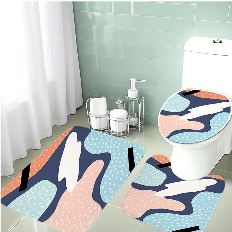 

Набор из 3 ковриков для ванной комнаты | Коврик для ванной из полиэстера, чехол на сиденье унитаза, U-образный коврик низкой насыщенности синего, розового, оранжевого цвета с Irregu