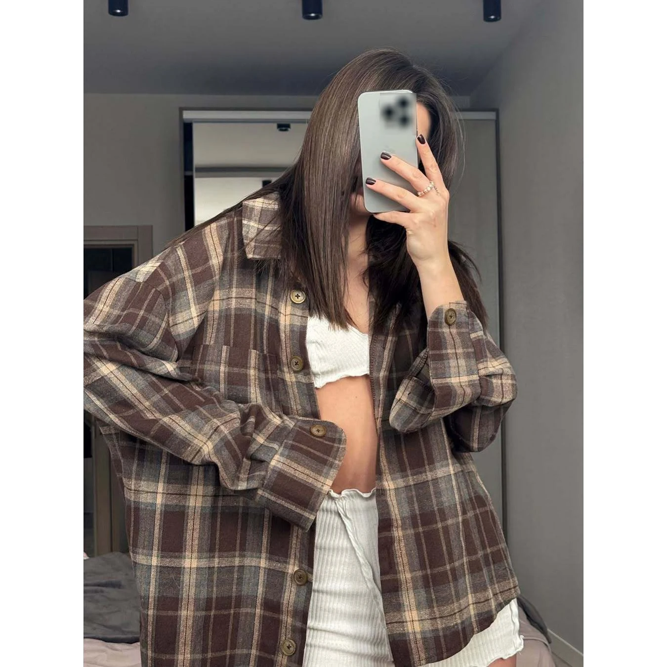 polyester-plaid-shirt-jacket-for-women-designed-with-collared-front-long-sleeves-and-unrestricted-for-leisure-and-activity