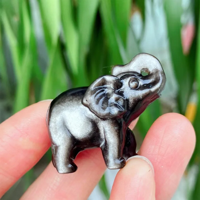 Natural Silver Obsidian Elephant Figurine Hand Carved Stone Animal Statue Mini Desktop Ornament Collectible Gift for Home Decor