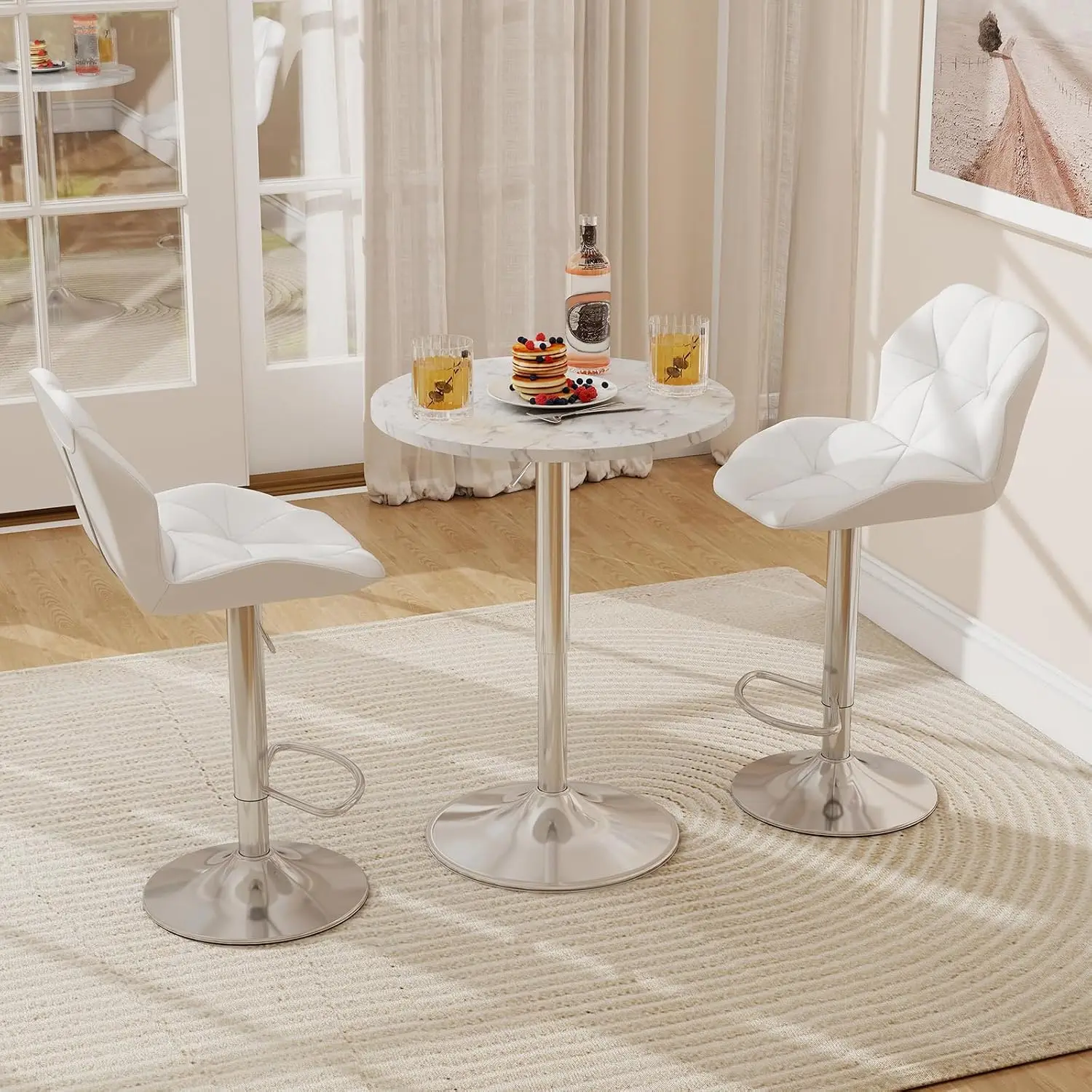 3-Piece Bar Table Set, Marble Style Round Pub Tables with 2 White Swivel Stools, Height Adjustable 360° Rotating Counter