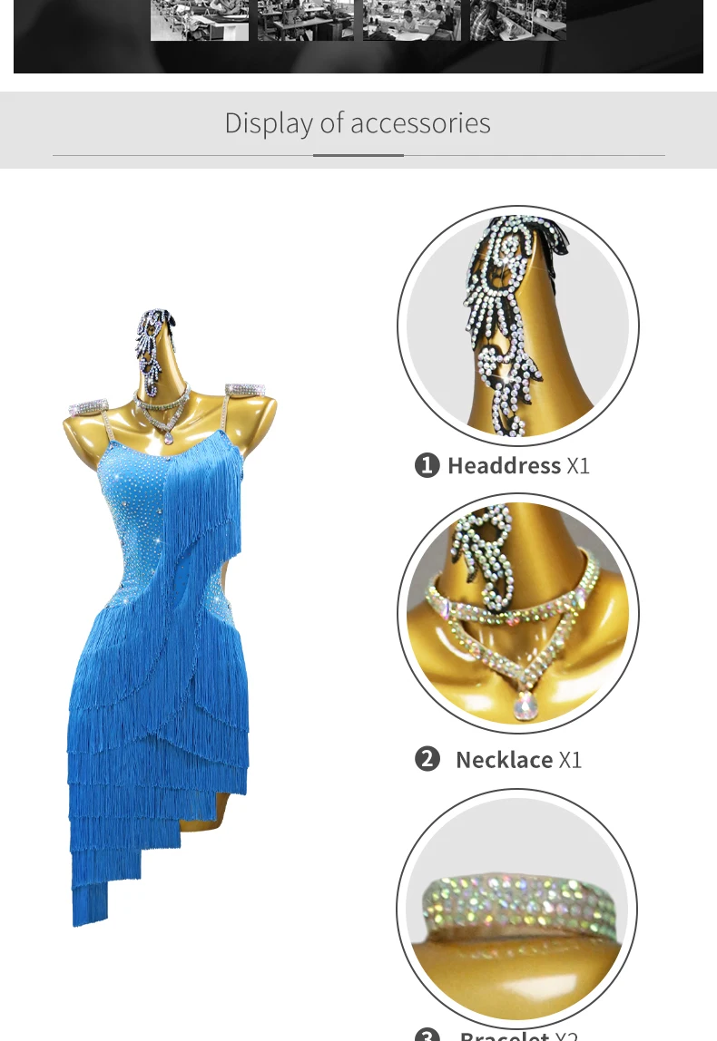 Lateinamerikanisches Tanzkleid, Mädchen-Ballsaal-Sportkostüme, Damen-Trainings- und Karnevalskleidung, weibliche Festtagsoutfits, Party- und Wettbewerbsanzüge. – Detail 4