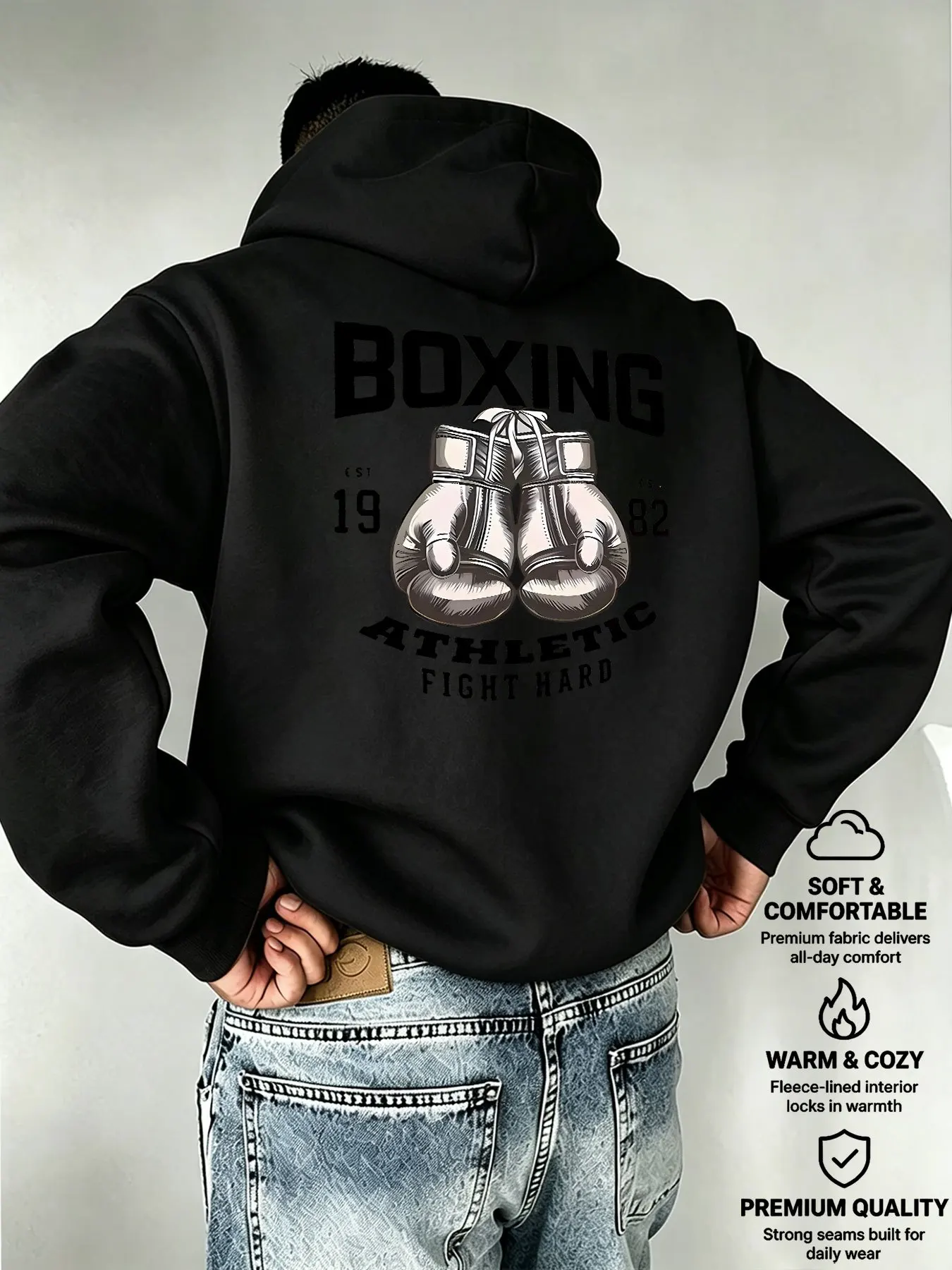Herren-Boxhandschuh-Hoodie mit Boxgrafik, Herbst-Fleece-Sweatshirt, Fitness, Sport, Vintage-Streetwear, lockerer Pullover – Detail 2
