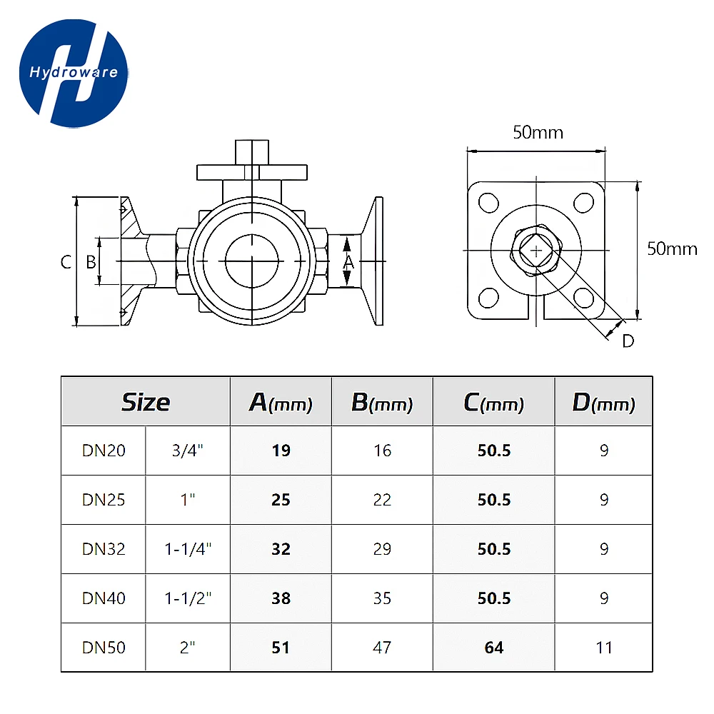304/316L Stainless Steel Sanitary 3-Way Ball Valve | Tri Clamp High Platform T/L Port | For Beverage & Pharma Processing