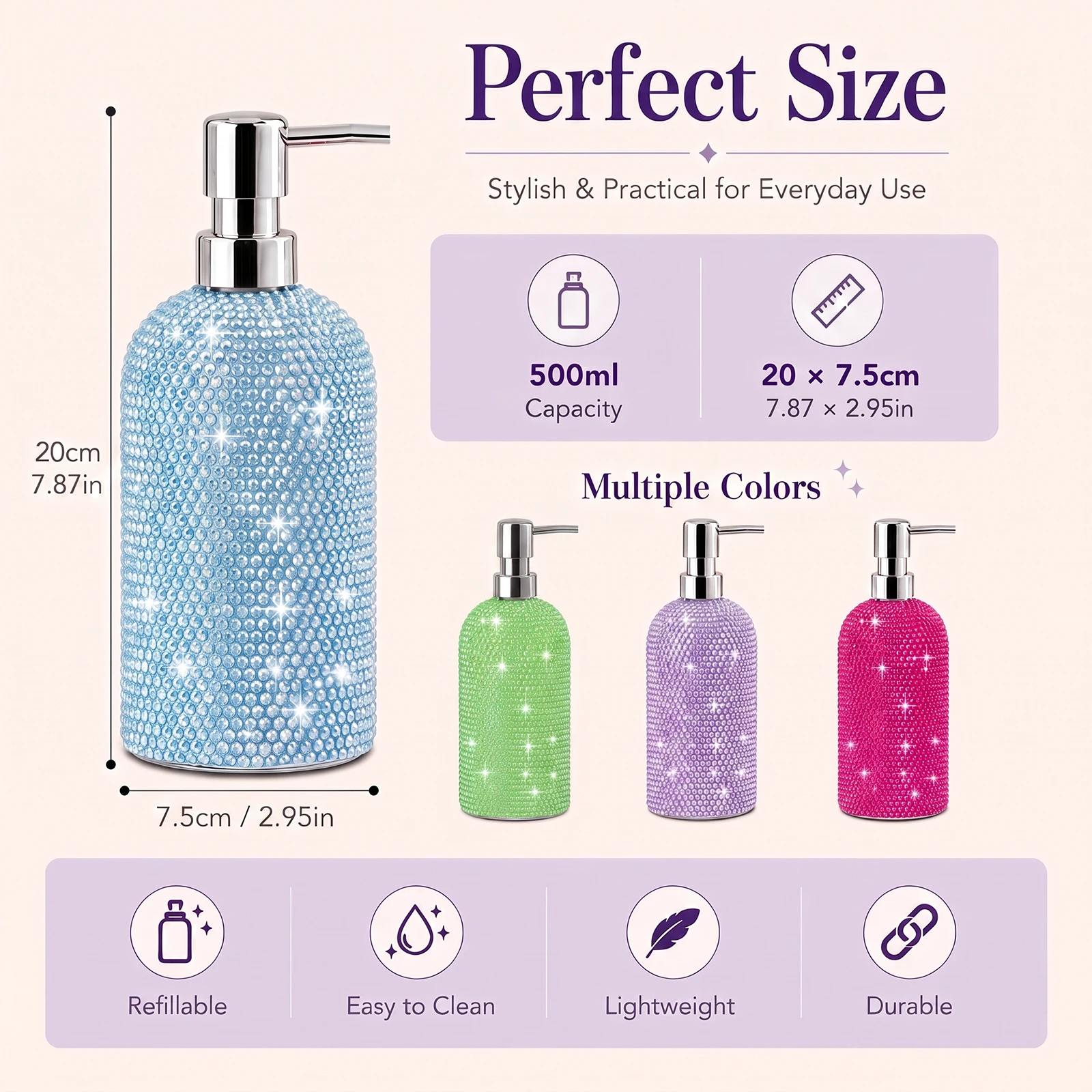 Colorful Bling Pump Bottle Decorative Plastic Vanity Dispenser with Rhinestone Look Glam Bathroom Countertop Accent for Lotion