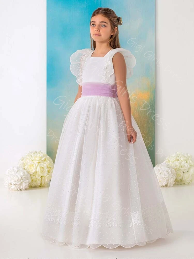

Кружевное платье для первого причастия для девочек с тюлевыми поясами и квадратным вырезом с рюшами на рукавах, платье с цветочным узором для девочек на заказ, бальное платье для свадебной вечеринки