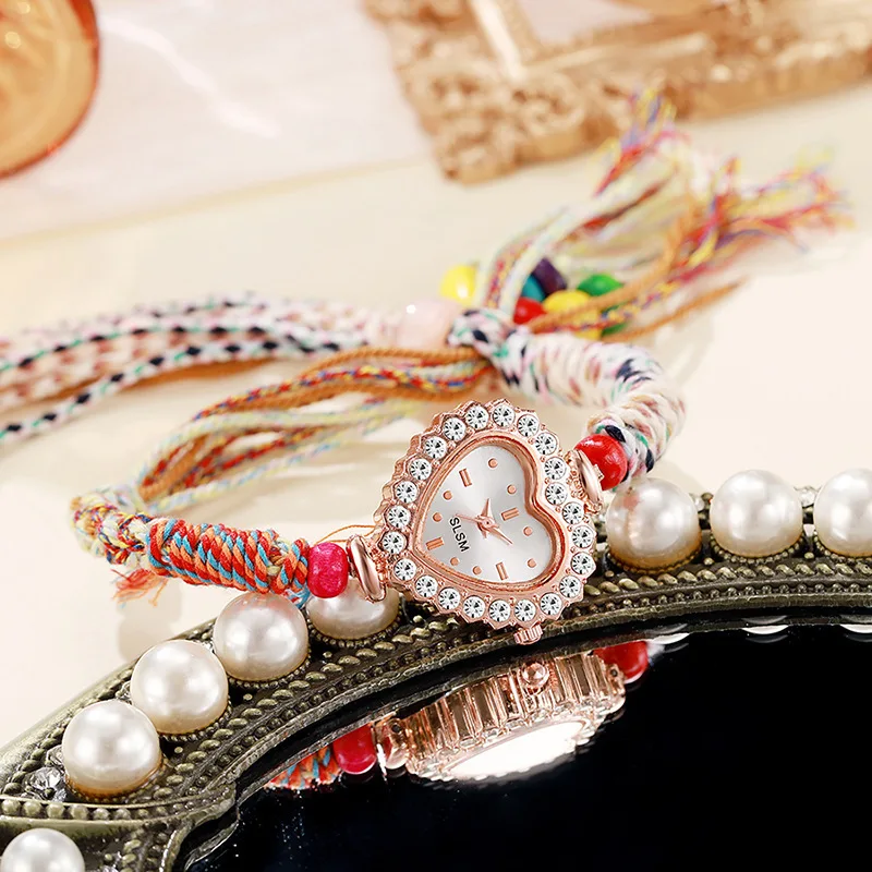 موضة حبل مضفر حزام المرأة ساعة اليد الفاخرة حجر الراين القلب الهاتفي السيدات ساعات كوارتز Reloj Mujer