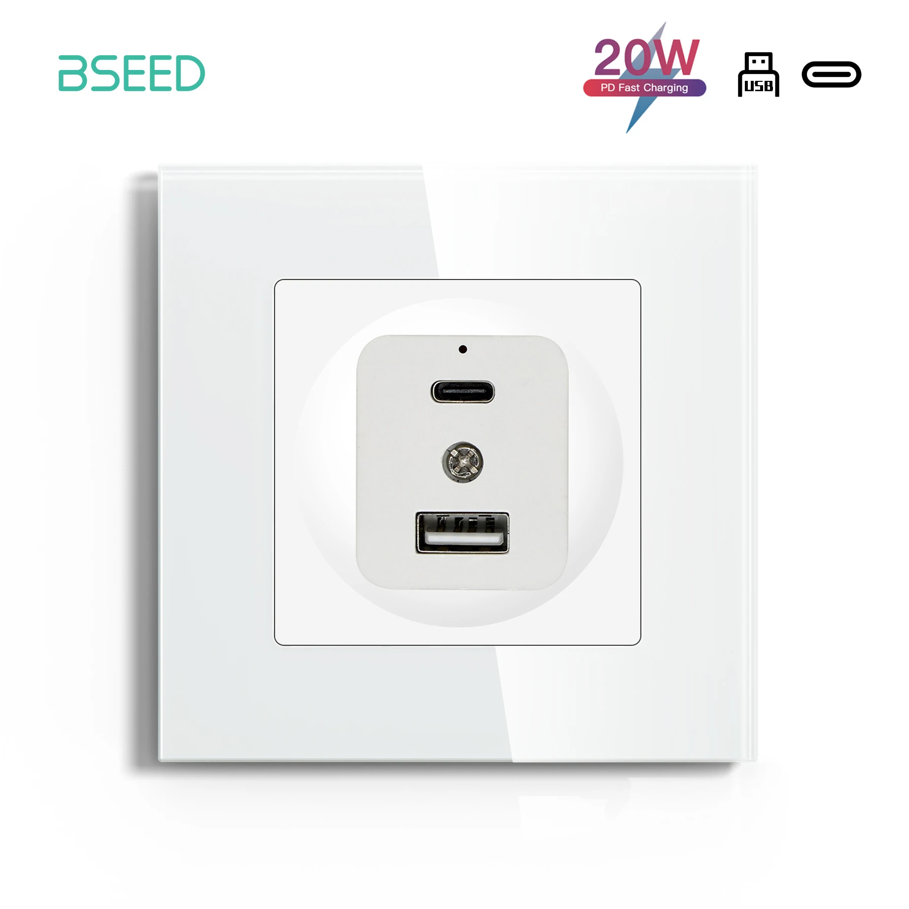 BSEED EU Standard Wall Power Socket USB Type-C Charge Socket PD20W Fast Charge Port Crystal Glass Panel 110V-220V USB Connector