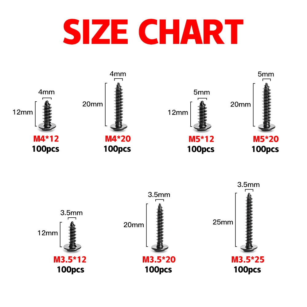 Набор из 700 шт. M3,5 M4 M5 PWA, черные саморезы с гайками, винты с резьбой из углеродистой стали, стопорные гайки, комплект винтов по дереву