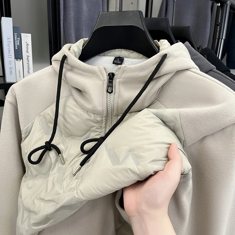 

Men's Hooded Half-Zip Quilted Panel Sweatshirt Warm Fleece-Lined Kangaroo Pocket Casual Streetwear Autumn Winter Men's Clothing