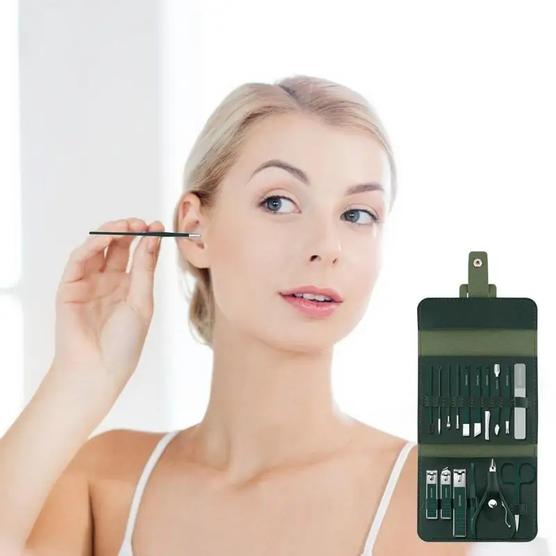Kit de manicura y pedicura, cortador de uñas de acero inoxidable, juego de herramientas de aseo, 16 piezas, herramientas de precisión con tijeras y Funda de cuero