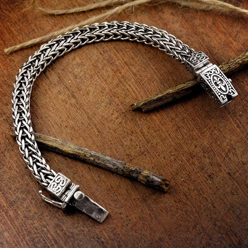Dragon Bone Vintage Bangles 925 Silver Chain Weaving Bracelet for Women and Men Double chains Buckle Can Wear Banquet Jewelry
