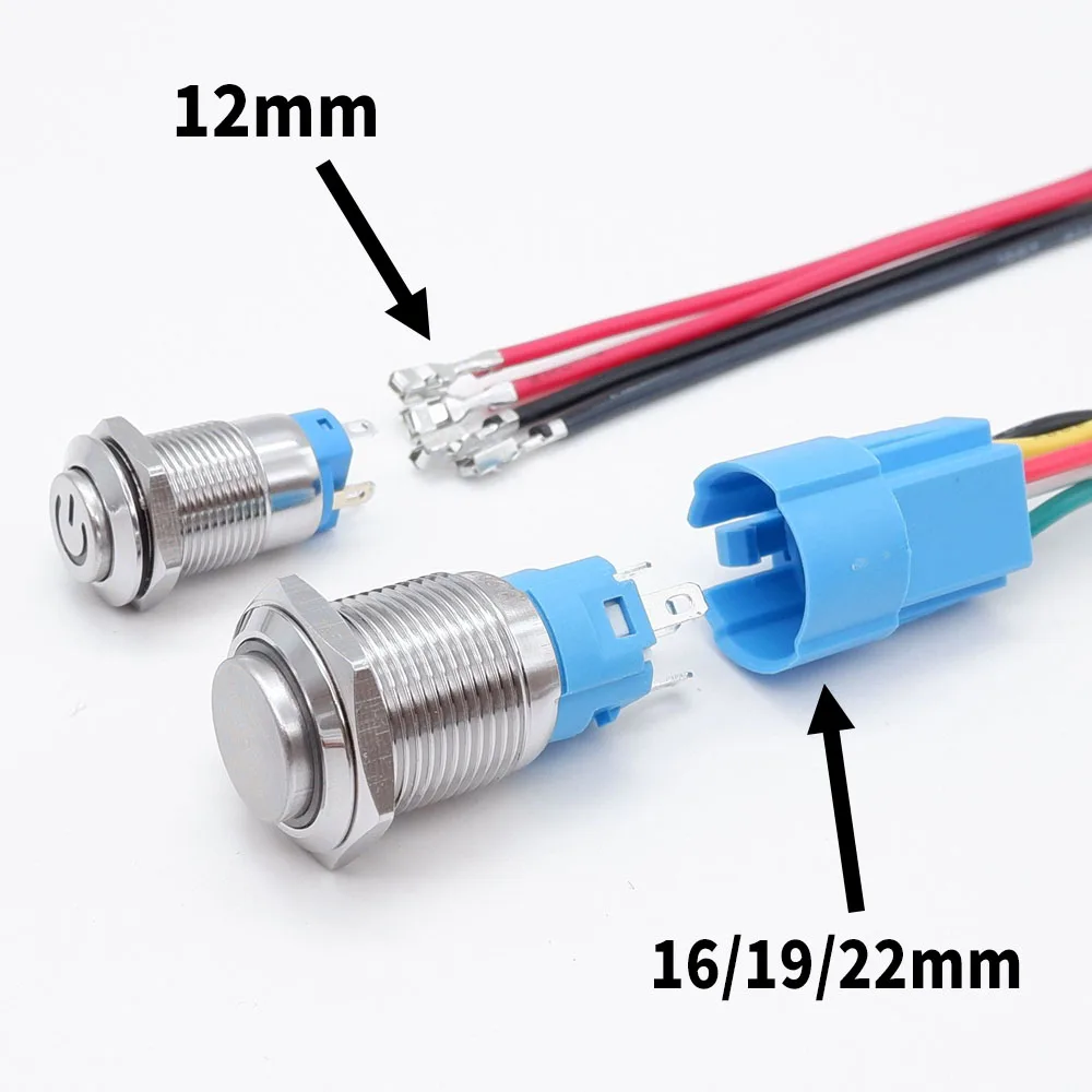 12 16 19 22 mm Metal Push Button Switch with Wire On Off PC Power High Head 12v for Car Momentary Latching Fixed Blue 5V 220V