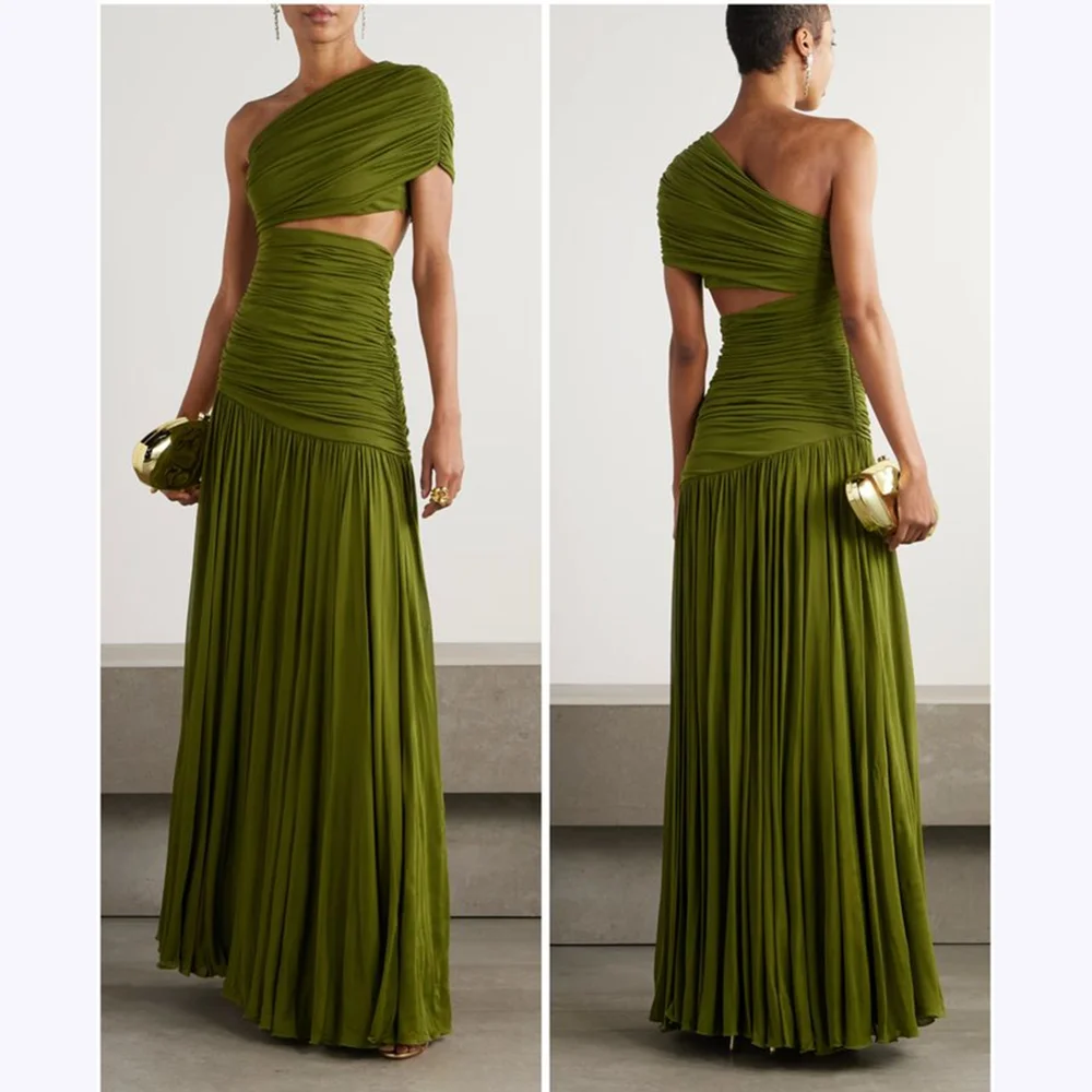 

Green Evening Dresses Elegant Women One Shoulder Sleeveless Floor Length A Line Party Celebrity Prom Female Gowns Classic