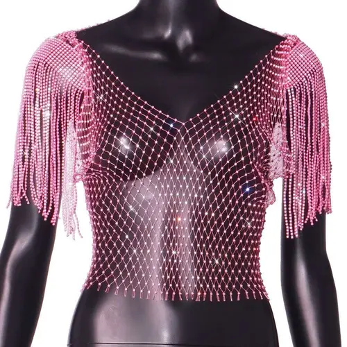Imagen 2 del producto Con borla chal rejilla brillo Top Rhinestone atractivo sexual Rhinestone rejilla cubrir Ups malla taladro chaleco Rhinestone Fishnet Tops