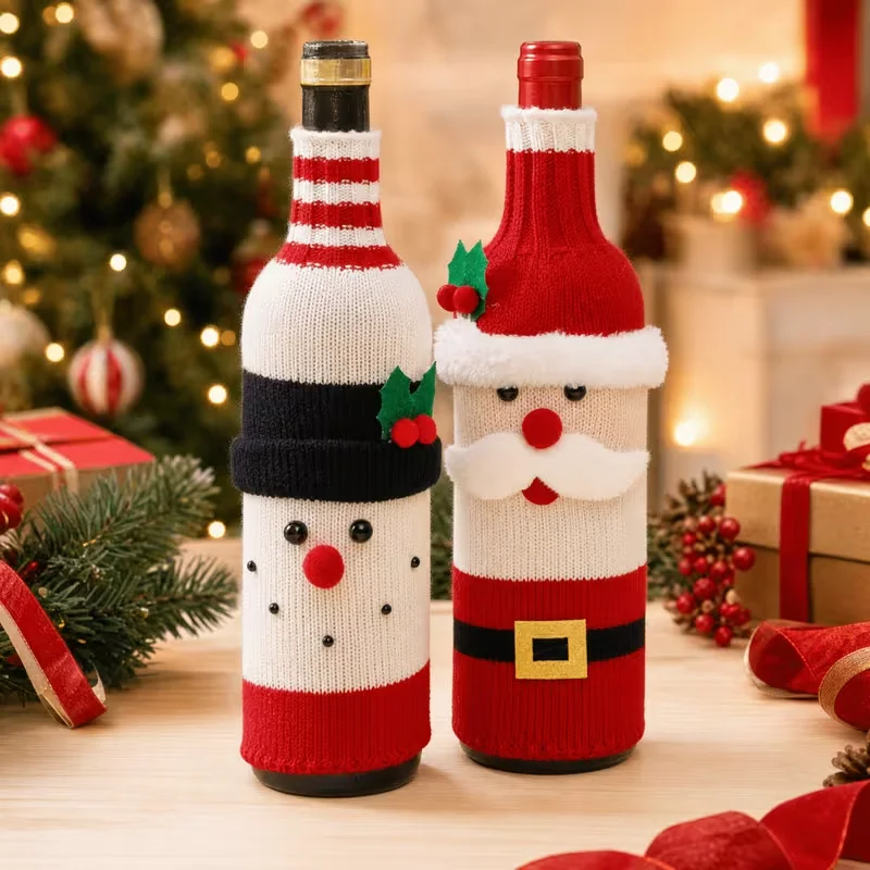 1-10Pcs Christmas Santa Wine Bottle Cover Knitted Sleeve for Red White Wine Bottle Holiday Party Home Restaurant Table Decor