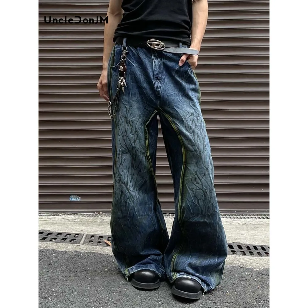 

Tree-striped Washed Wide-leg Wavy Jeans Loose Straight Trousers for Men and Women