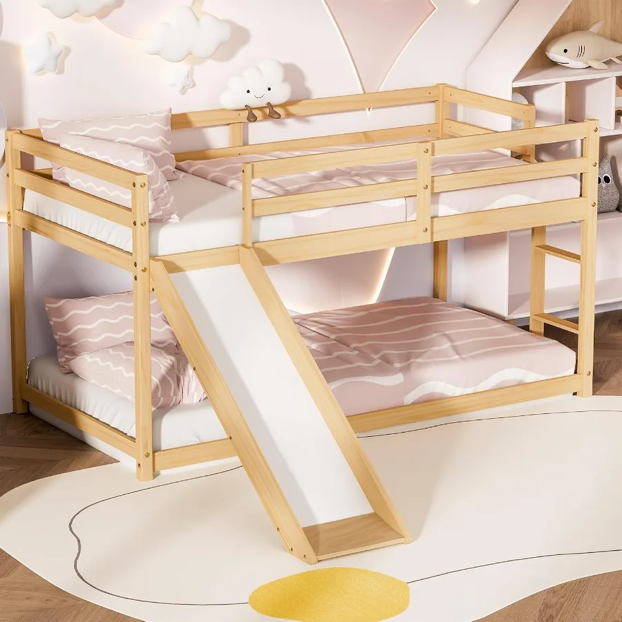 ' low bunk bed with slide, floor loft twin frame in wood finish, white color, includes climbing ladder, full guardrails, and un
