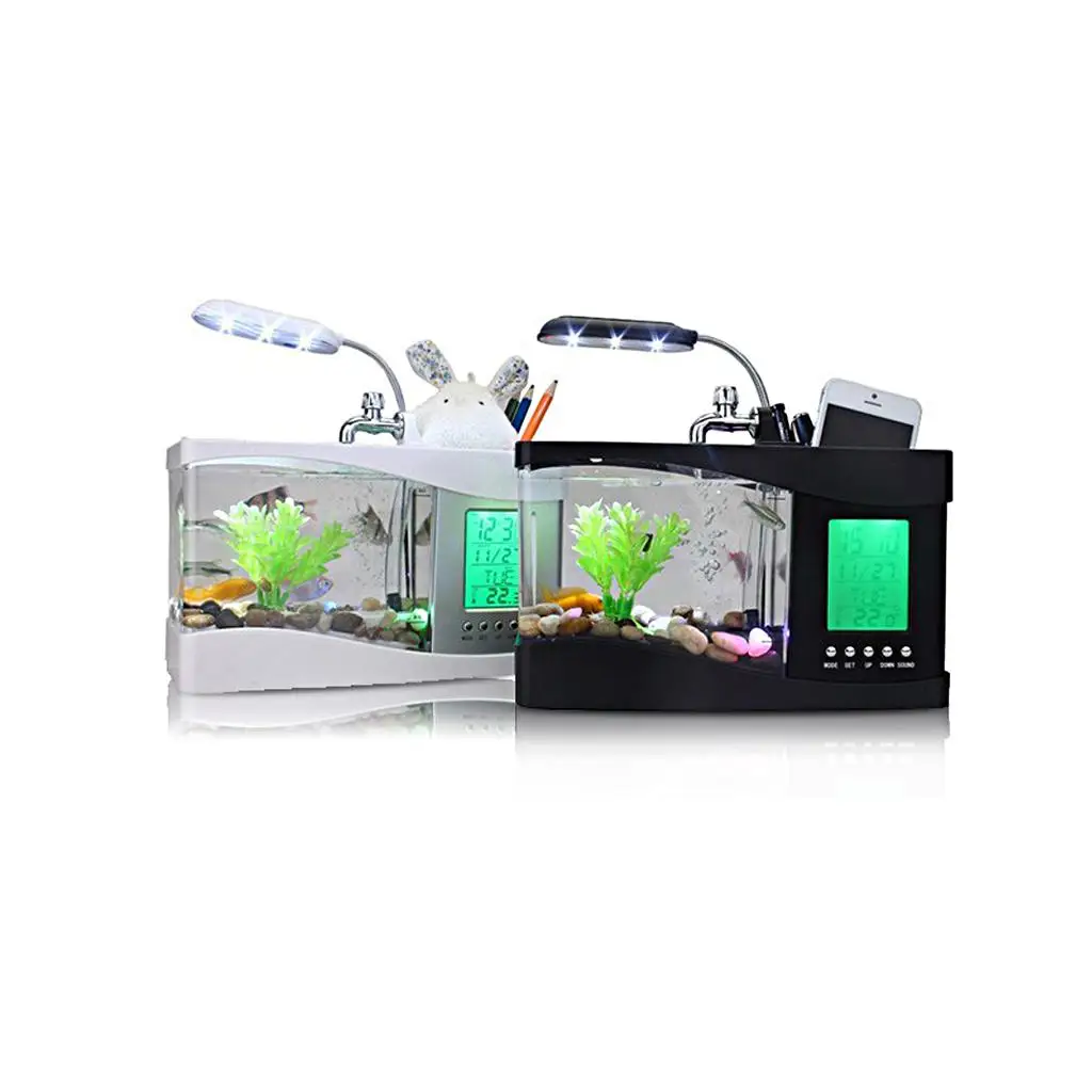 Mini USB Desktop Aquarium LCD Display Fish Tank Clock LED Lamp Light Black/ White