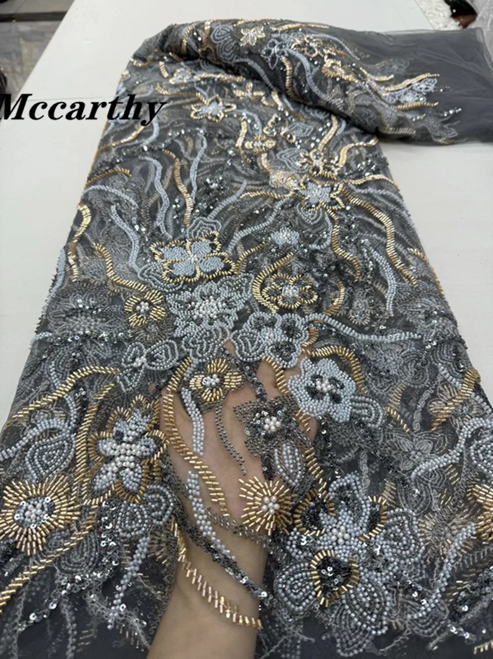 

African Beads Lace Fabric 2025 High Quality Bead French Net Sequins Lace Embroider Nigerian For Sewing Woman Party Dress JY95465