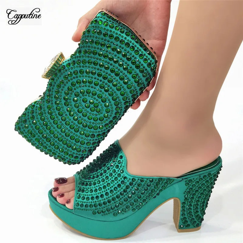 

Green African Women Platform Shoes And Bag Set Ladies High Heels Slippers MatchWith Handbag Purse Clutch Pantoufle Femme CR936