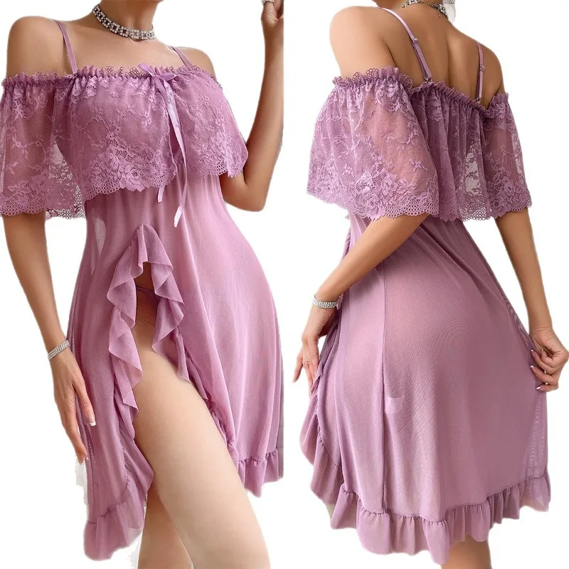 Women's Underwear - Summer Dress  Strapless and Off-the-shoulder Pajama Set  Sensual Short-sleeved Lace Dress    Nightgown