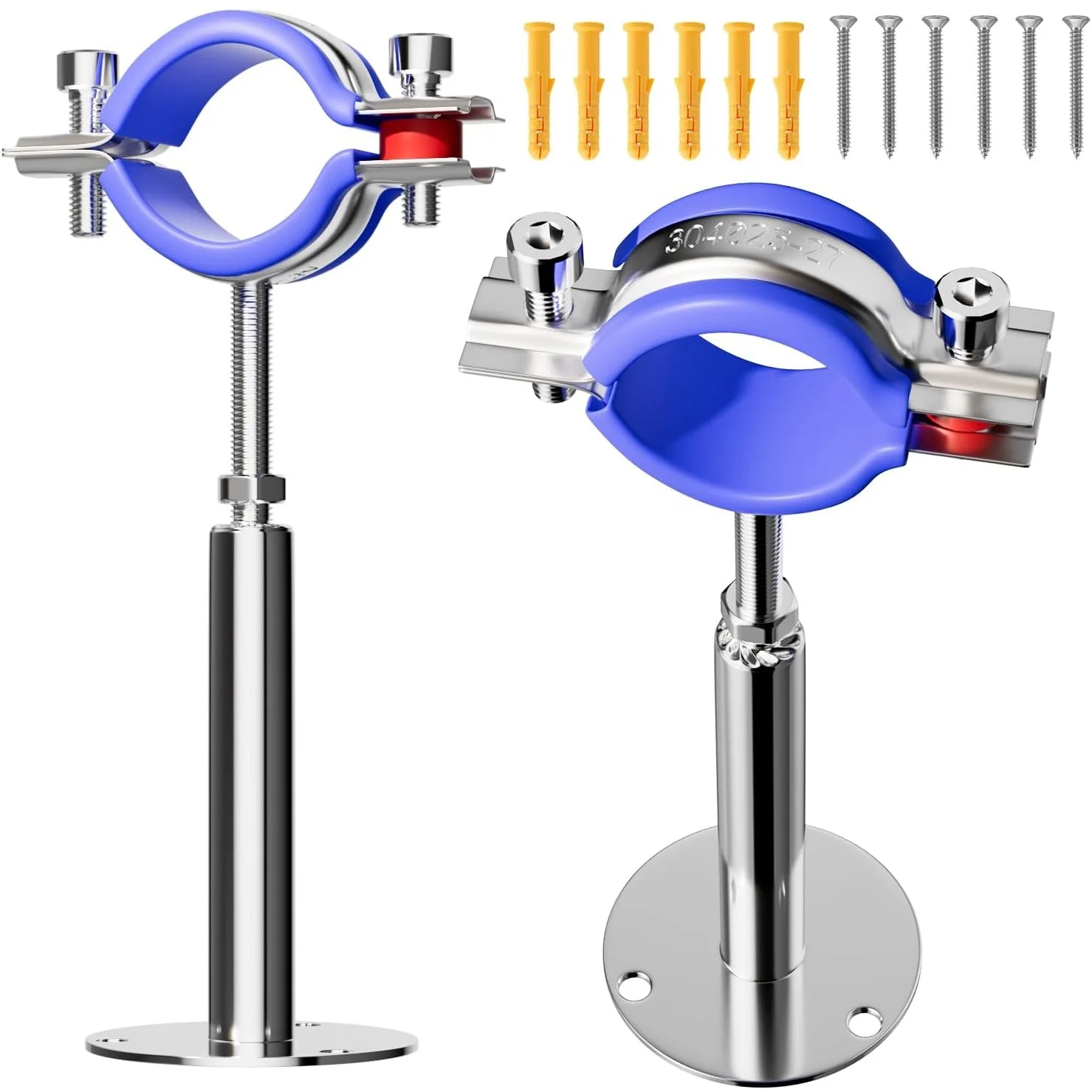 2PCS 304 Stainless Steel Pipe Hanger Bracket Clamp Pipe Supports for OD Pipe 15-108mm Adjustable Rod 100-150mm with Base Plate