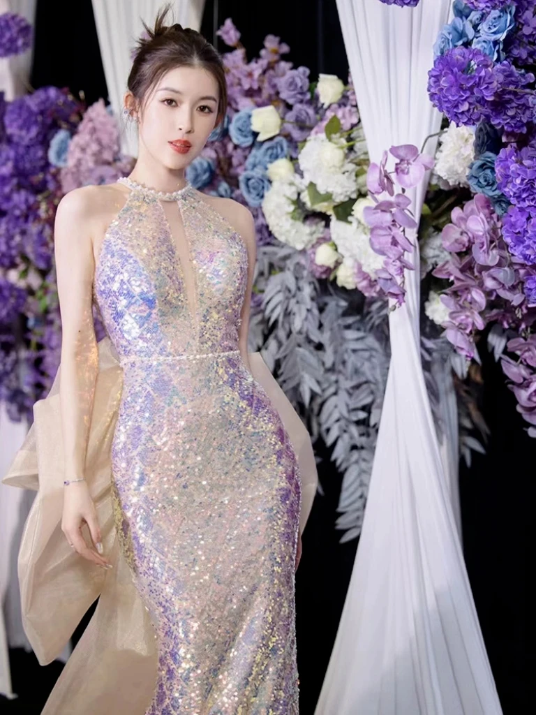 Vestidos de Noche de sirena brillantes, ligeros, de lujo, con hombros descubiertos, cuello Halter, sin mangas, ajustado, con lazo, sin espalda, vestido de fiesta de graduación para celebridades