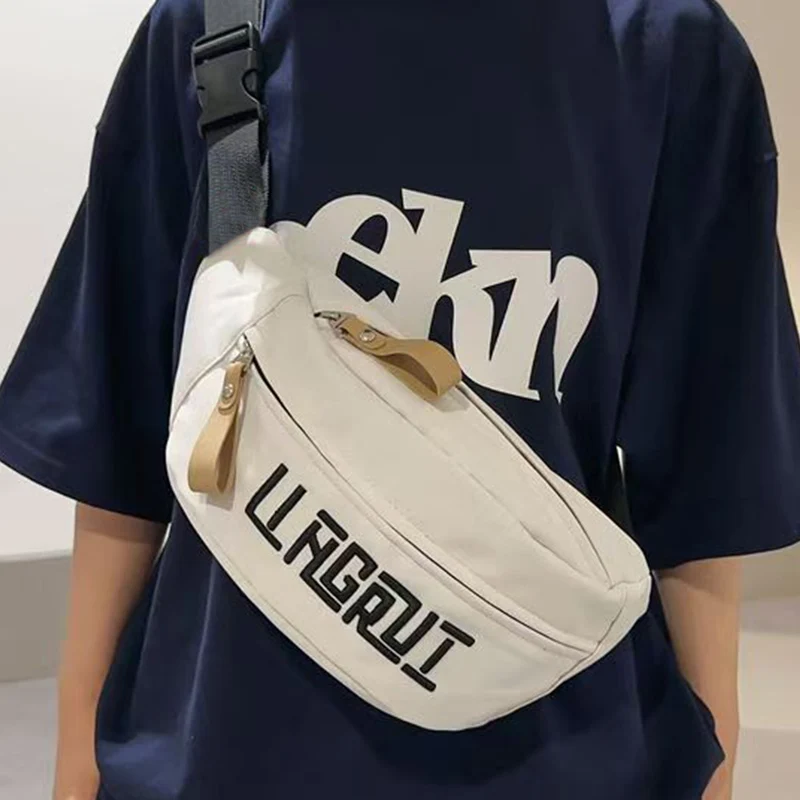 Men's and Women's Nylon Chest Bags with Letter Prints in Three Colors, Suitable for Business Trips and Featuring Double Zippers.