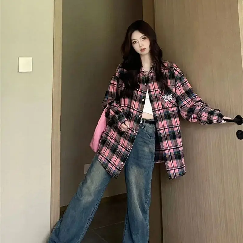 

American Retro Sweet Cool Plaid Long Sleeved Shirt for Women's Spring Autumn 2024 Design Sense Niche Loose Fitting Shirt Jacket