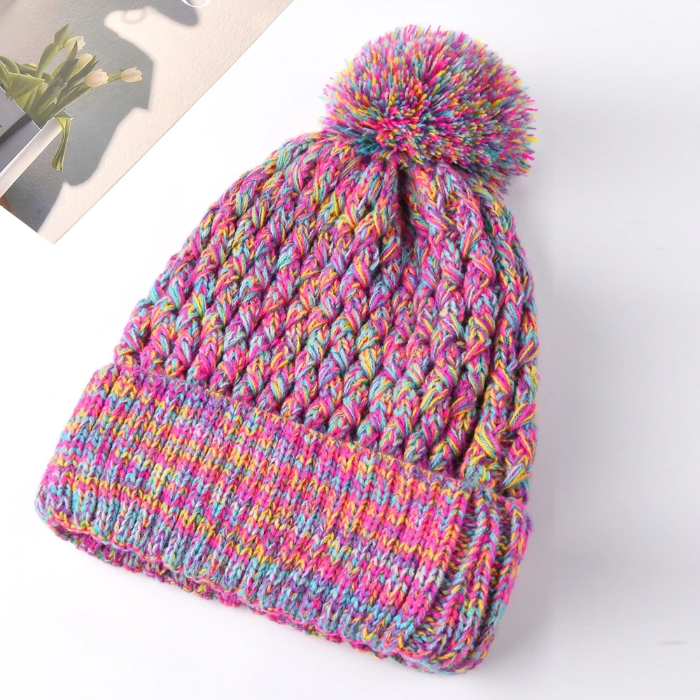 Ladies Single Layer Knitted Hat with Colorful Ball Pom Winter Head Warmth Pineapple Patterned Cap Beanie with pom-pom‌