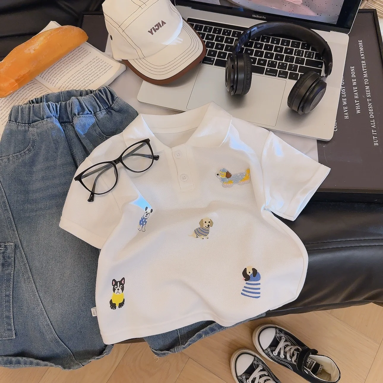 2025 Summer Children Boys T-shirt Muslin Dinosaur Spliced Sleeve Kid Baby Boys Tops Loose Casual Cartoon Toddler Boys Polo Shirt