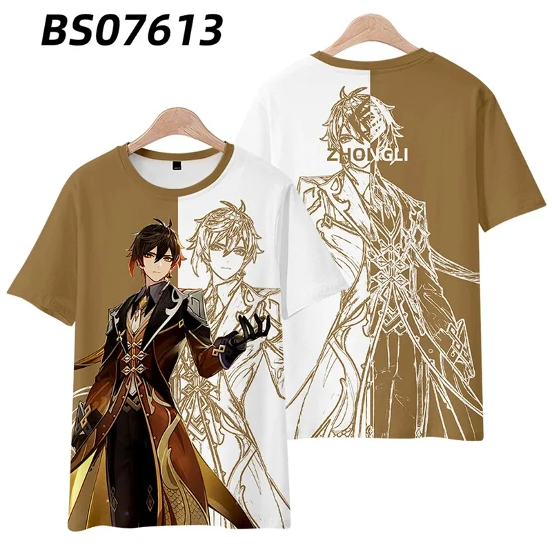 Jogo genshin impacto zhongli cosplay verão manga curta t camisa feminina moda masculina de grandes dimensões engraçado