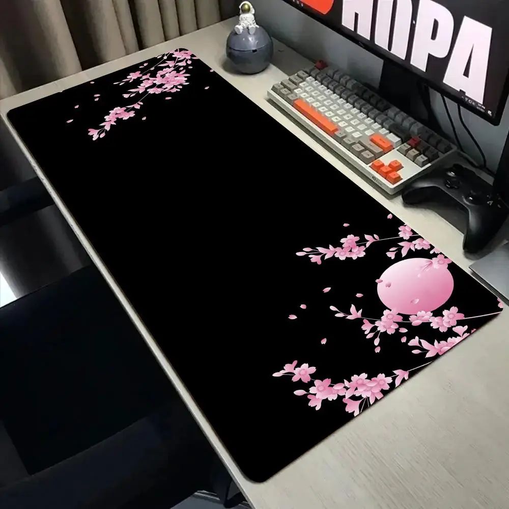 Pink cherry blossoms and full moon Mouse Pad Desk Mat with Stitched Edge Non-Slip gaming mats pc accessories keyboard desk pad
