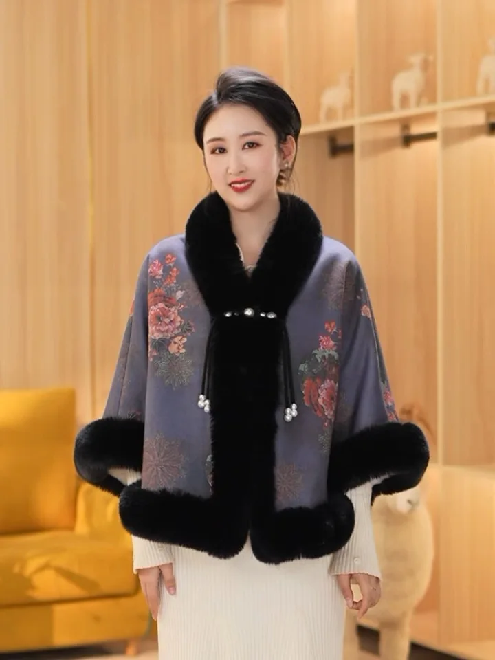 Elegant Sweet Chinese Vintage Style Faux Fur Cape Women Winter