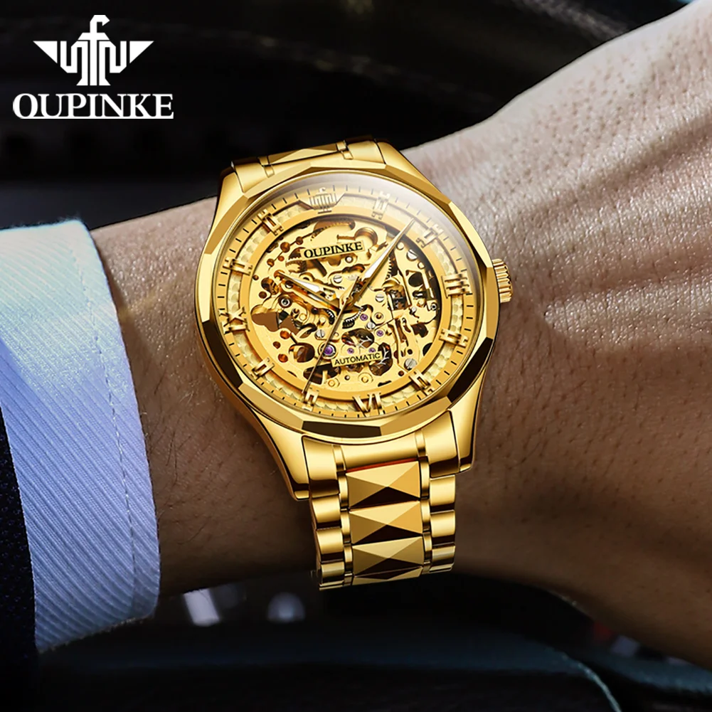 OUPINKE 3209 ساعة رجالية مجوفة فاخرة من أفضل العلامات التجارية اليابانية حركة أوتوماتيكية بالكامل ساعة ميكانيكية بحزام من الفولاذ التنغستن ساعة رجالية
