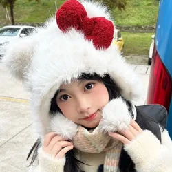 Plush Cat Ear Hat Winter Women Girl Warm Cute Red Bow Ear Protection Caps Windproof Comfortable Christmas Caps Fashion Accessory