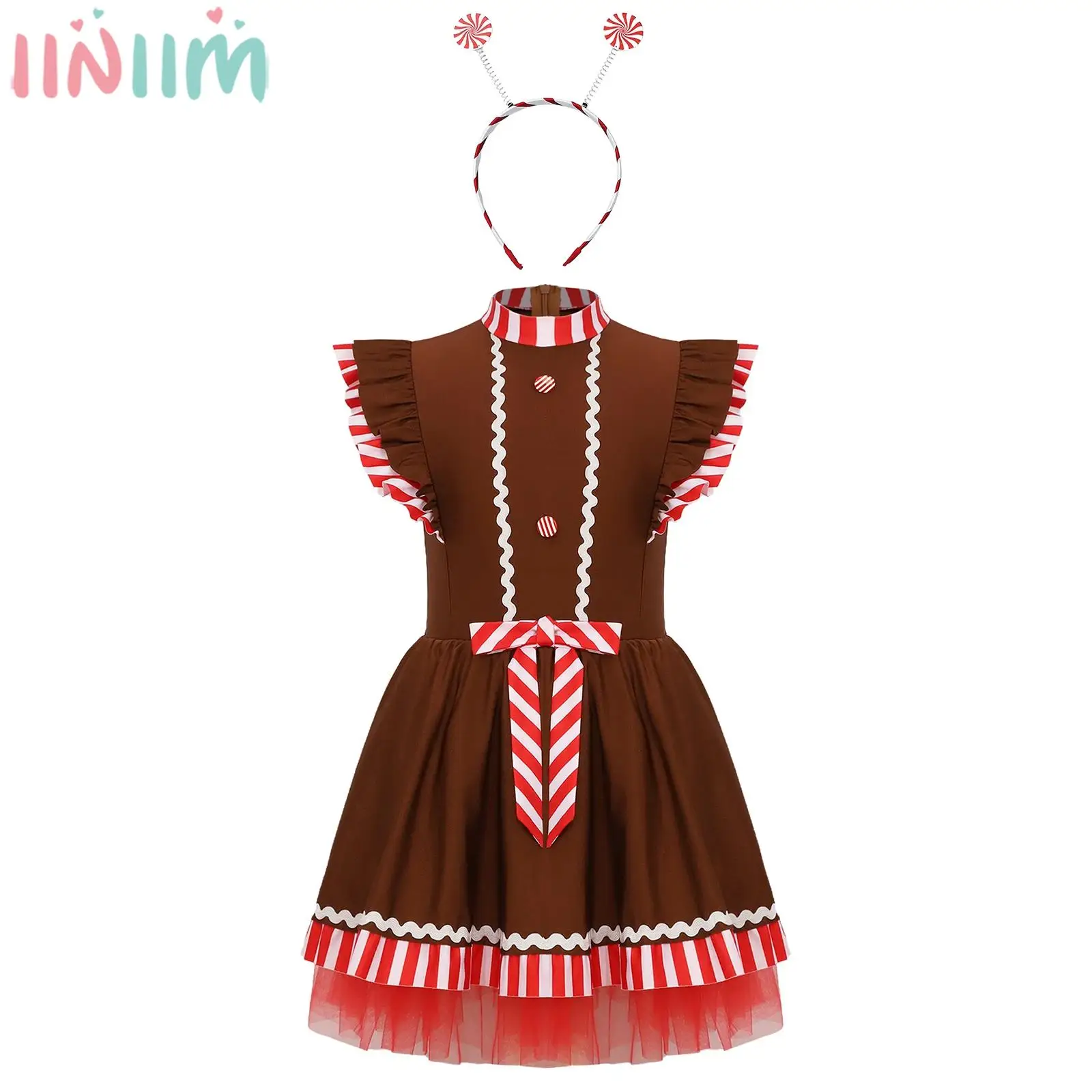Children Girls Christmas Gingerbread Man Costume Xmas Carnival Party Striped Tutu Dance Leotard Dress with Lollipop Hair Hoop
