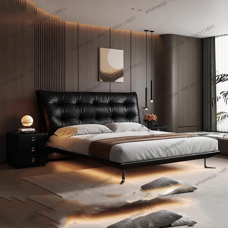 FG Leather Design Bed European Modern Space Saving Double Bed Headboards Platform Simple Storage Letto Matrimoniale Home Furnitu