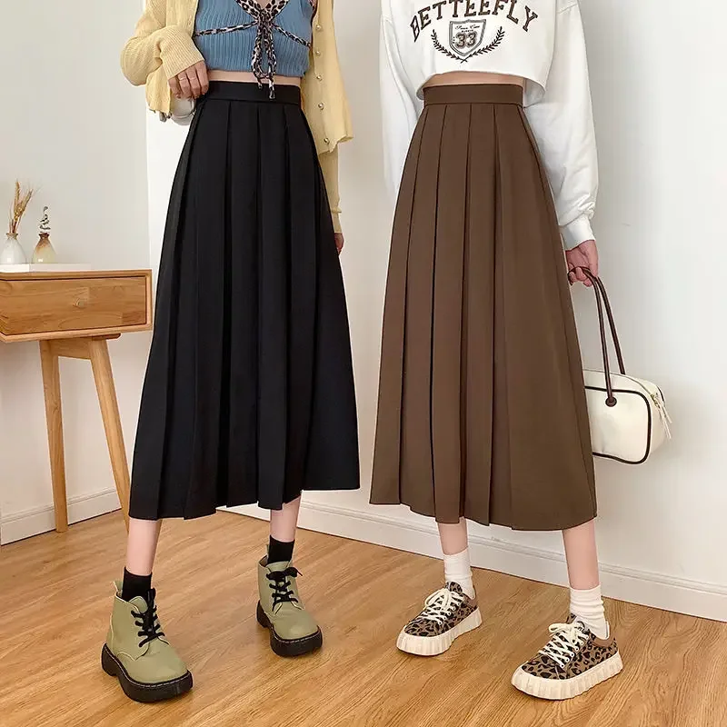 Skirts Women Clothes Autumn New Pleated Fashion Mid-calf Sweet Friends All-match Temperament 90's Casual Harajuku Solid Vintage