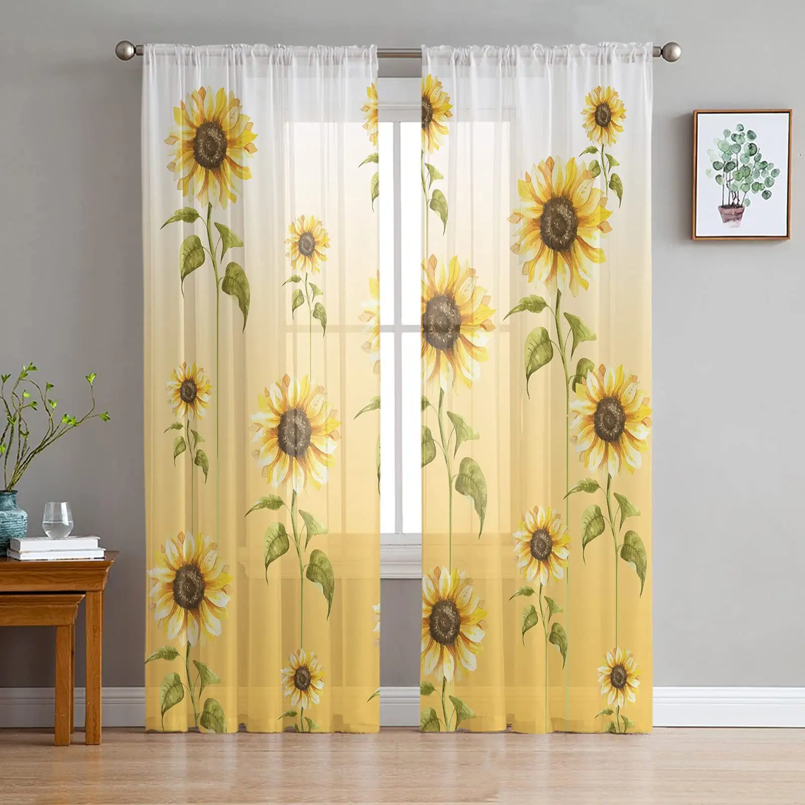 

Sunflower Curtains 2 Panels Set, Yellow Sheer Rod Pocket Kitchen Curtain Drapes Privacy Voile for Living Room Bedroom Summer