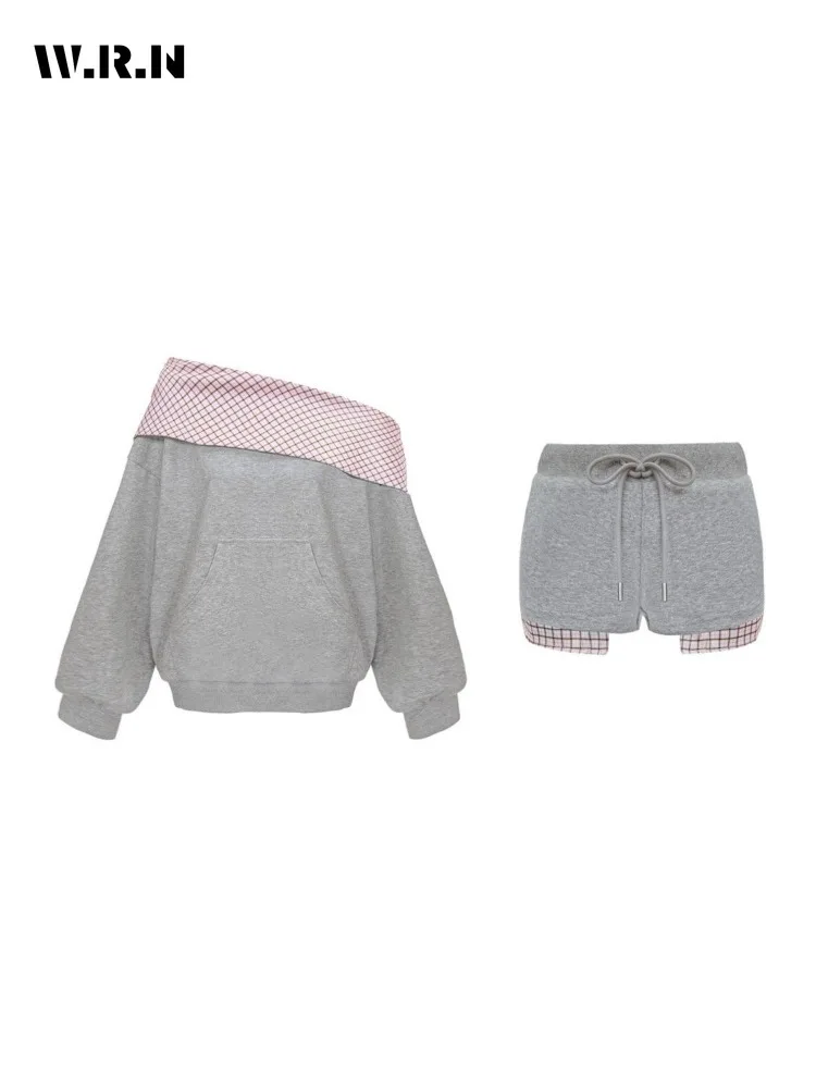 

2025 Winter Casual Sweet Fashion Two-piece Set For Women Long Sleeve Top + Lace-up Shorts Plaid Patchwork Shorts Set Outfits