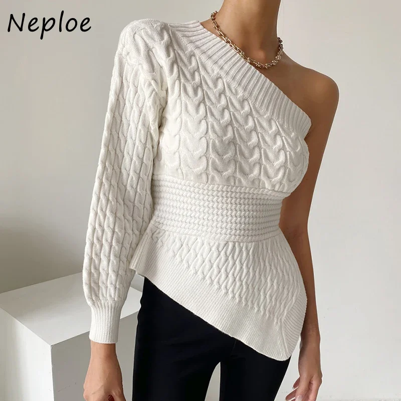 Temperament Oblique Collar Sweater Woman Off-shoulder Linen Pattern Knitted Tops Mujer Irregular Stylishness Sweaters