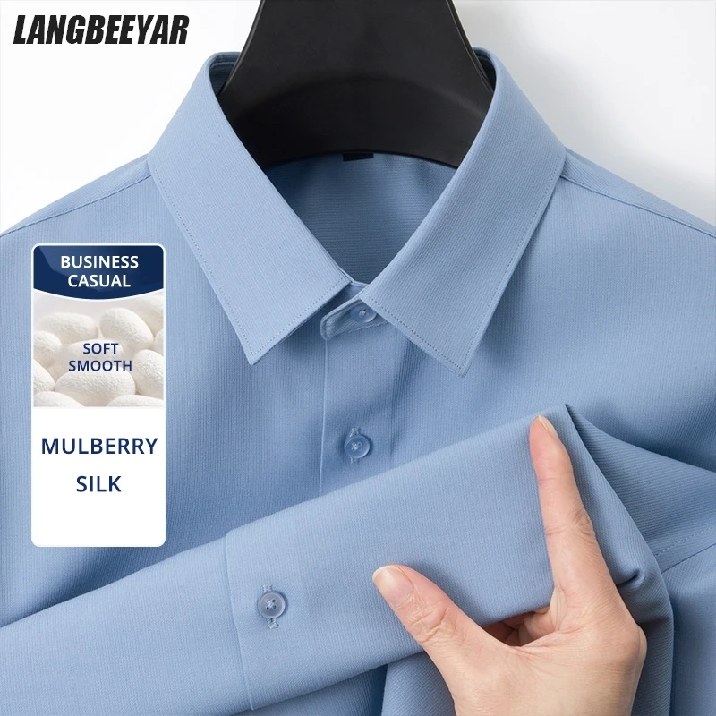 

Высококачественные шелковые мягкие против морщин новые модные брендовые мужские рубашки Slim Fit 2025 дизайнерские повседневные деловые топы с длинными рукавами