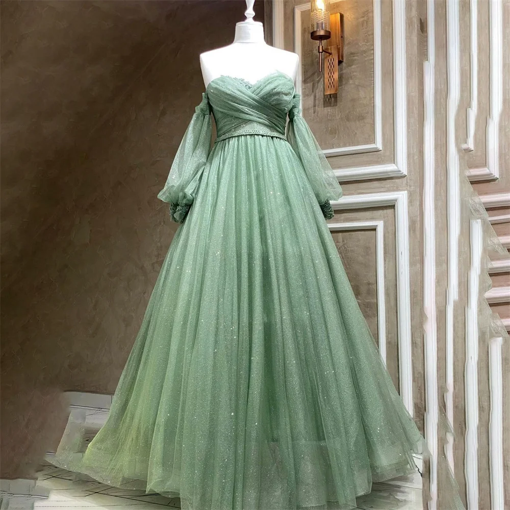 

Lily Green Tulle Evening Gown A-Line Elegant Prom Dress Off the Shoulder Wedding Evening Dress With Long Sleeve robes de soirée