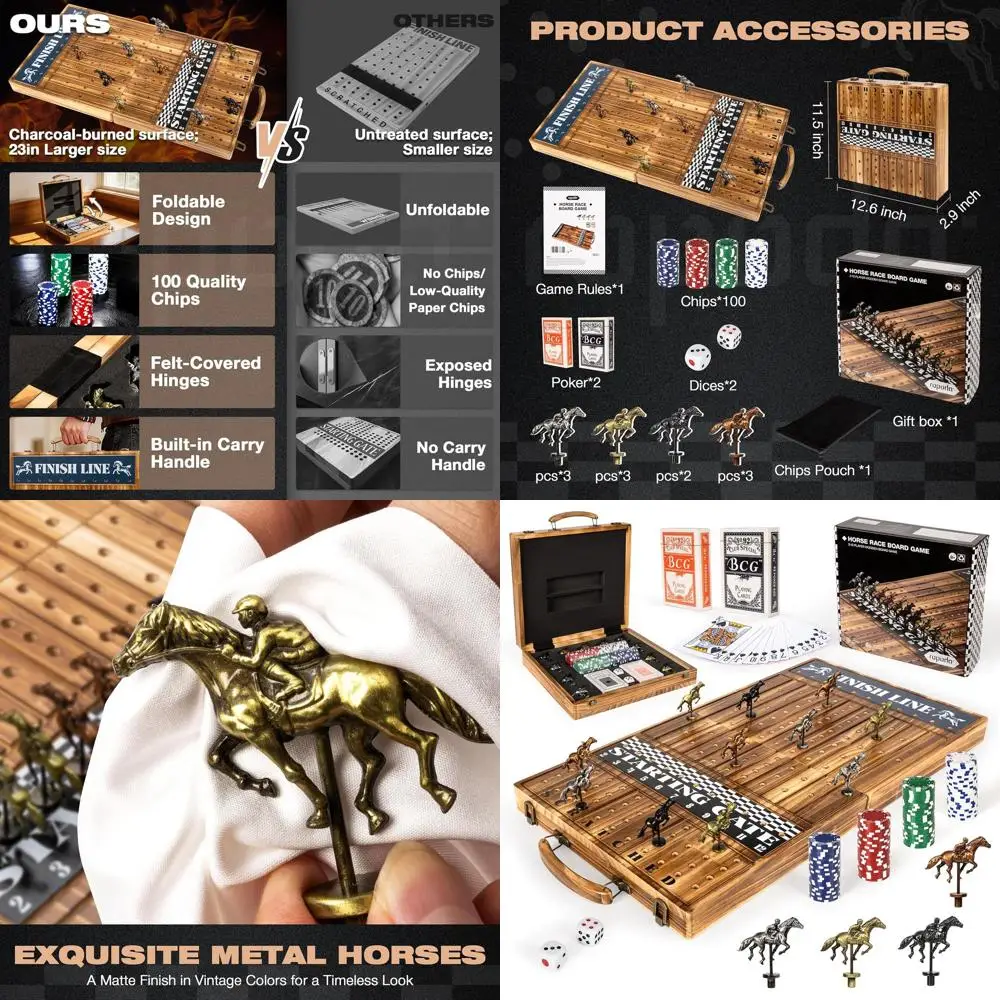 

Винтажная 23-складная деревянная игра для гонок с 11 лошадьми, 100 фишками, 2 кубиками и набором карточек