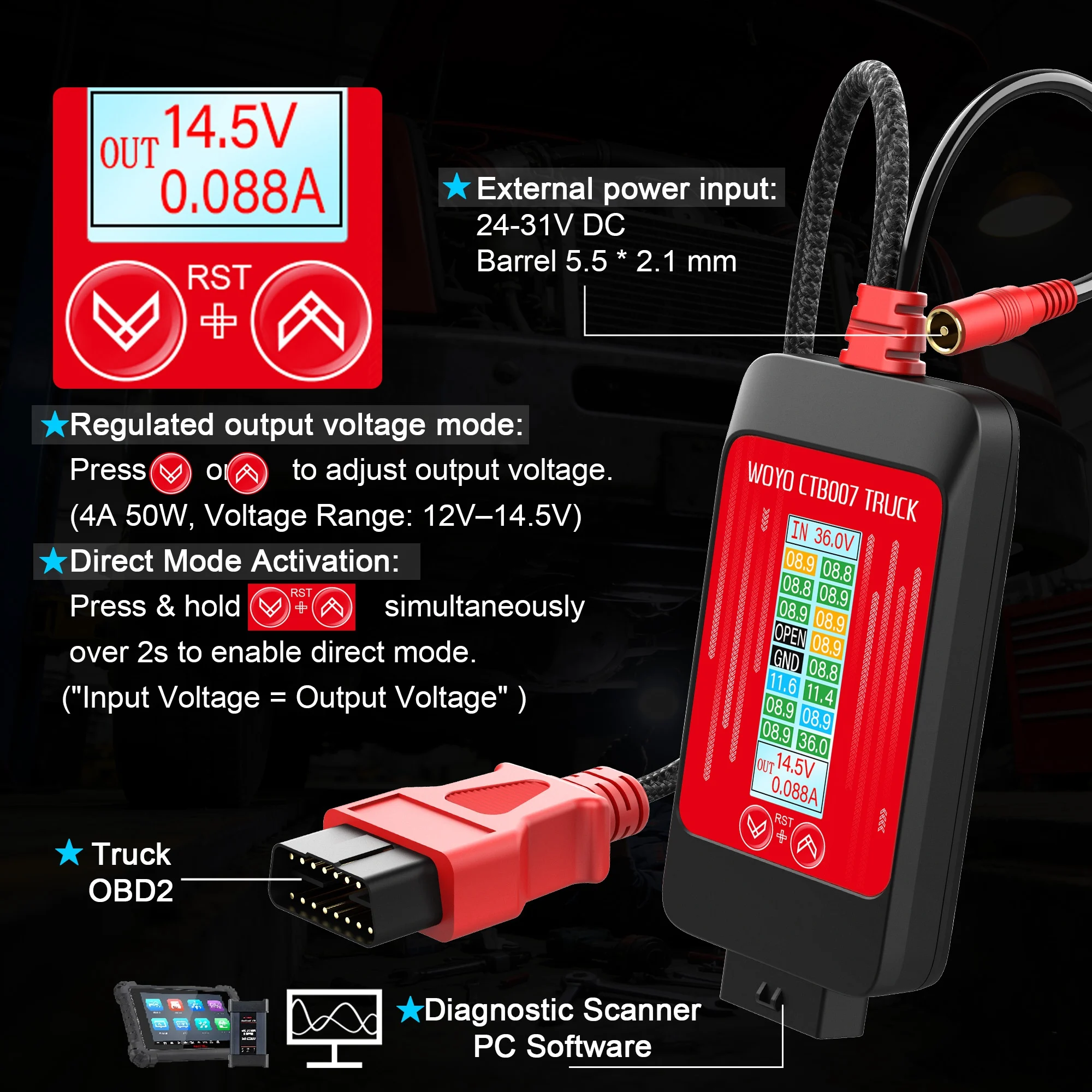 WOYO CTB007 TRUCK Regulated Output Voltage Converter Monitors Live Voltag 24V to 24V/12V-14.5V OBD Power Booster and Protector