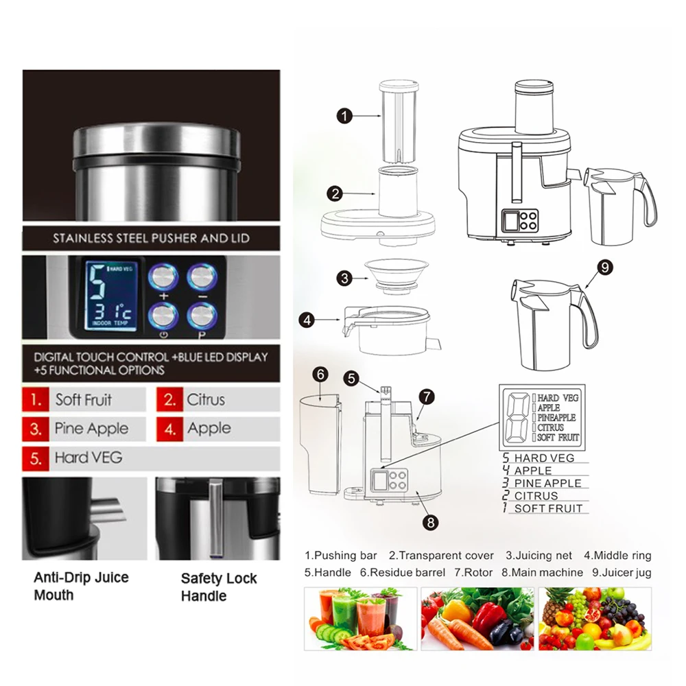 5-biegowa sokowirówki ze stali nierdzewnej wyświetlacz LCD 220V elektryczny sokowirówka owoce maszyna do napojów dla domu Sonifer