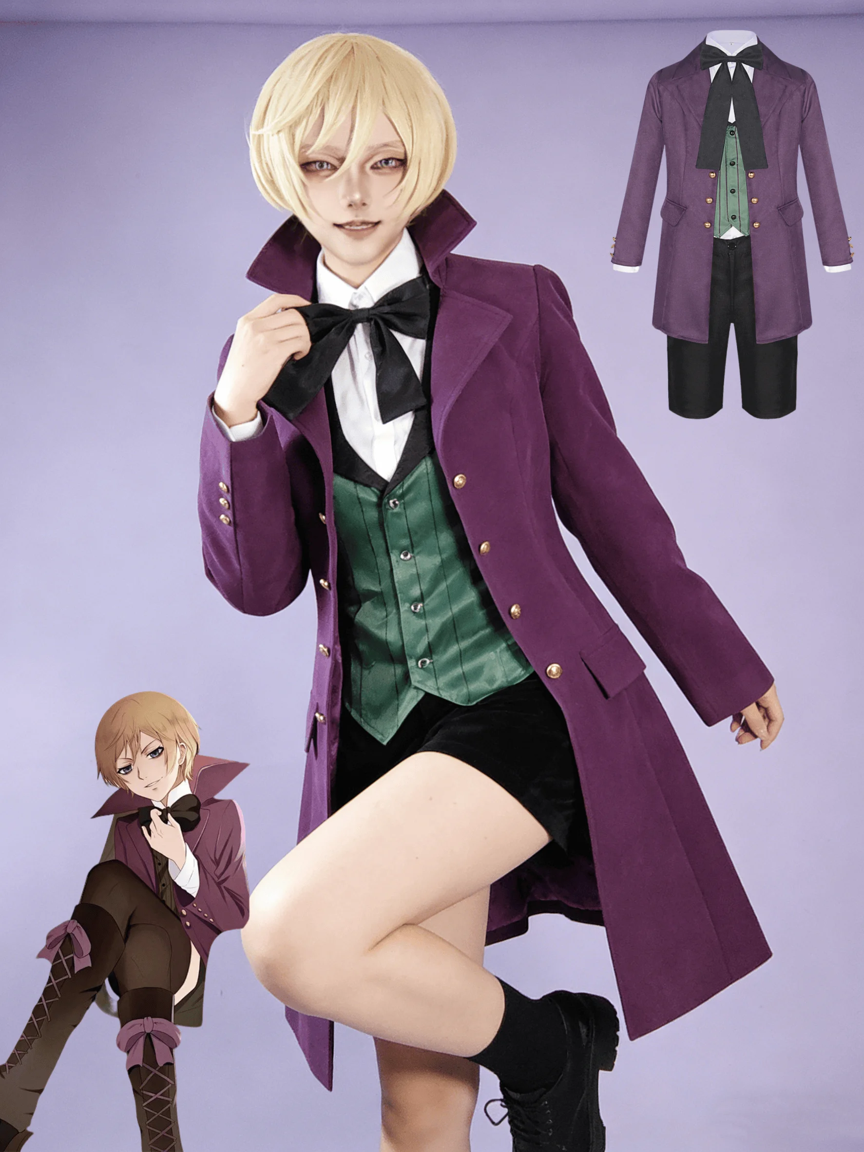 

Anime Alois Trancy Cosplay Costume Purple Evening Dress Coat Tie Vest Shirt Uniform Wig Man Halloween Christmas Party Suit